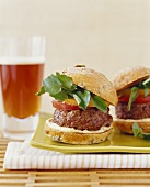 Mini Hamburgers on a Platter; Beer