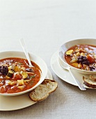 Two Bowls of Vegetable Soup with Bread