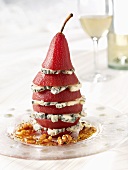 Slice Poached Pear Stuffed with Blue Cheese; Walnuts