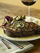Grilled New York Steak with Mashed Potatoes; Wine