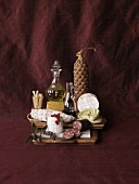 Italian Still Life with Cheese, Salami, Wine and Pasta
