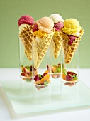 Assorted Scoops of Ice Creams in Cones; In Glasses