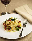 Plate of Pappardelle with Vegetables; Red Wine