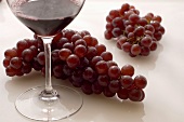 Ein Glas Rotwein mit Trauben