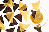 Blue and White Corn Chips with Salsa con Queso