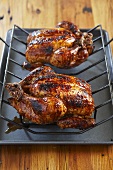 Glazed Grilled Roasted Whole Chickens on Rack