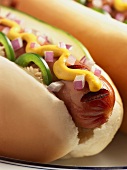 Grilled Hot Dog with Mustard, Jalapeno, Red Onion and Pickles