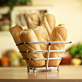 Fresh Sandwich Rolls in Wire Basket; Kitchen