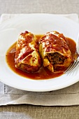 Two Stuffed Cabbage Rolls with Tomato Sauce on Plate
