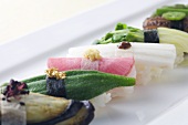 Vegetable Nigiri Sushi Plate: Eggplant, Okra,Pickled Turnip, Nagaimo, Radish Sprouts and Shiitake Mushroom with Pepper