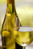 Weißwein in Glas und Flasche
