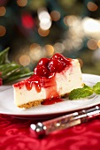 Slice of Cherry Cheesecake with Mint