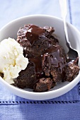 Bowl of Chocolate Bread Pudding with Vanilla Ice Cream