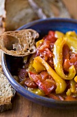 Stewed Yellow and Red Peppers with Crusty Baguette