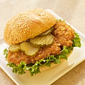 Breaded Chicken Breast Sandwich with Pickles and Lettuce