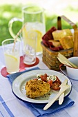 Picnic of Oven Fried Chicken with Tomato Mozzarella Salad; Lemonade