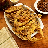 Platter of Fried Soft Shell Crabs; Rice and Beans