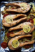 Salmon Steaks Broiled with Tomatoes, Onions and Tarragon