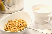 Bowl of Oatmeal with a Cup of Coffee with Steamed Milk