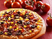 Whole Pizza Topped with Pepperoni, Mushroom, Onion, Black Olives and Diced Peppers