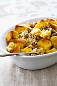 Cornbread and sausage stuffing in serving dish (USA)