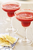 Two Strawberry Margaritas with Corn Chips