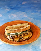 Toasted Cheese and Vegetable Sandwich on an Orange Plate