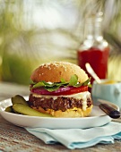 Cheeseburger with Onion, Tomato and Arugula; Pickles