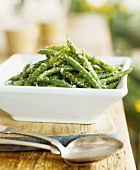 Garlic Green Beans in a Serving Bowl; Serving Spoon