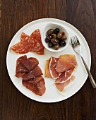 Charcuterier Platter with Soppressata, Bresaola, Prosciutto and Mixed Olives