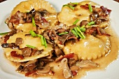 Homemade Cheese Filled Ravioli with Mushrooms, Pancetta and Chives