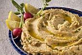 Bowl of Traditional Hummus with Lemon and Radishes