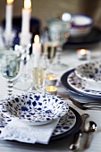 Blue and White Table Setting with Tea Lights and Candles