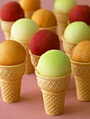 Fruit Cones; Sorbet Balls Served in Ice Cream Cones