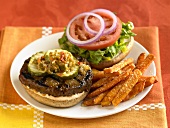 Grilled Tofu Burger with Pickles; Sweet Potato Fries
