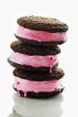 Strawberry and Chocolate Ice Cream Sandwiches; Stacked; White Background