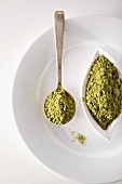 Spoonful and Bowl of Green Tea Powder