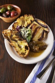 Grilled Scamorza Cheese with Rustic Bread, Green Tomato Preserve and Olives