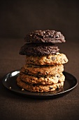 Double Chocolate Chip and Chocolate Chip Cookies; Stacked on a Plate