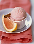 Grapefruit Sorbet in a Small Paper Cup with Grapefruit Slices and Cinnamon Stick