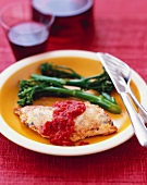 Chicken Parmesan with the Sauce Over the Cheese; Broccolini