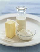 Verschiedene Milchprodukte: Butter, Milch und Joghurt