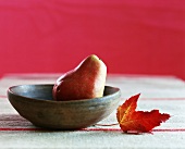 A bowl with a pear and an oak leaf
