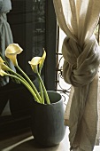 Callas lilies in a floor vase next to a curtain
