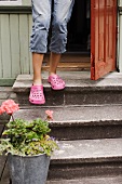 A child wearing pink shoes standing by a front door with a potted plant at the bottom of a three stone steps