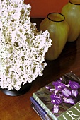 Illuminated coral and green glass vases on a counter top