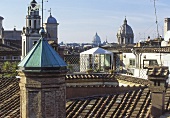 Roof landscape with a view of a church tower in a Mediterranean city