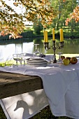 A festive autumnal picnic under tree with a view of a reservoir