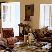 Ethnic patterned cushions on a sofa in a rustic country house