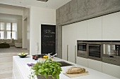 An open-plan, designer kitchen - a pot of herbs on a white kitchen counter and built-in cupboards with devices in the concrete wall niche
